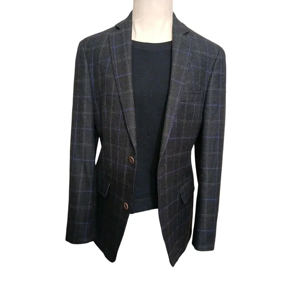 Tallia Men's Slim Fit WOOL Blend Sport Coat Sz 40 Black Plaid Jacket Macy's $295